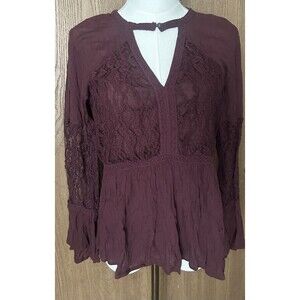 Maroon Boho Lace Detail Keyhole V Neck Bell Sleeves Women’s Small American Eagle